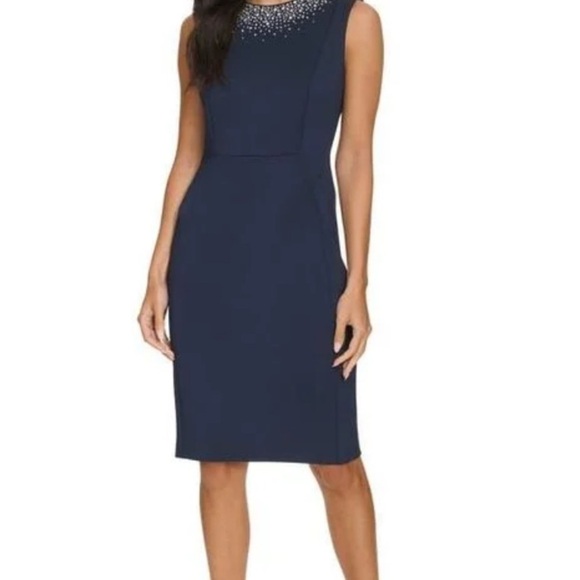 Calvin Klein Navy Blue and Crystal Embellished Short Sleeve Dress NWT SZ 12 - Picture 9 of 10